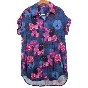 Handmade Shirt MiniDress L Cobalt Blue/Pink Floral Black Cat ButtonUp Tunic OOAK